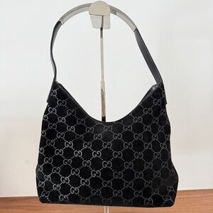 Gucci Monogram Hobo Shoulder Bag in Black Suede